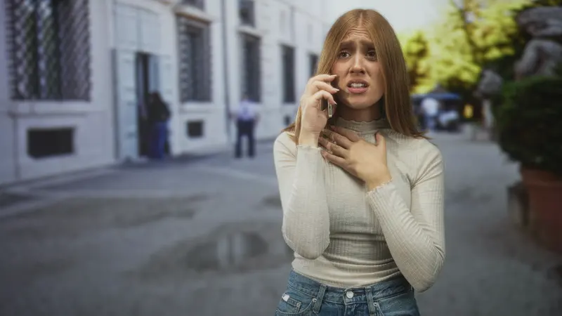 Frau auf der Strasse hält sich die Hand an die Brust und telefoniert